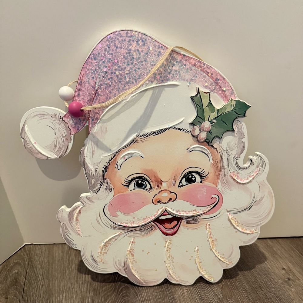 Pretty in Pink Glitter Santa Wood Wall Decor- NWT - Picture 2 of 3